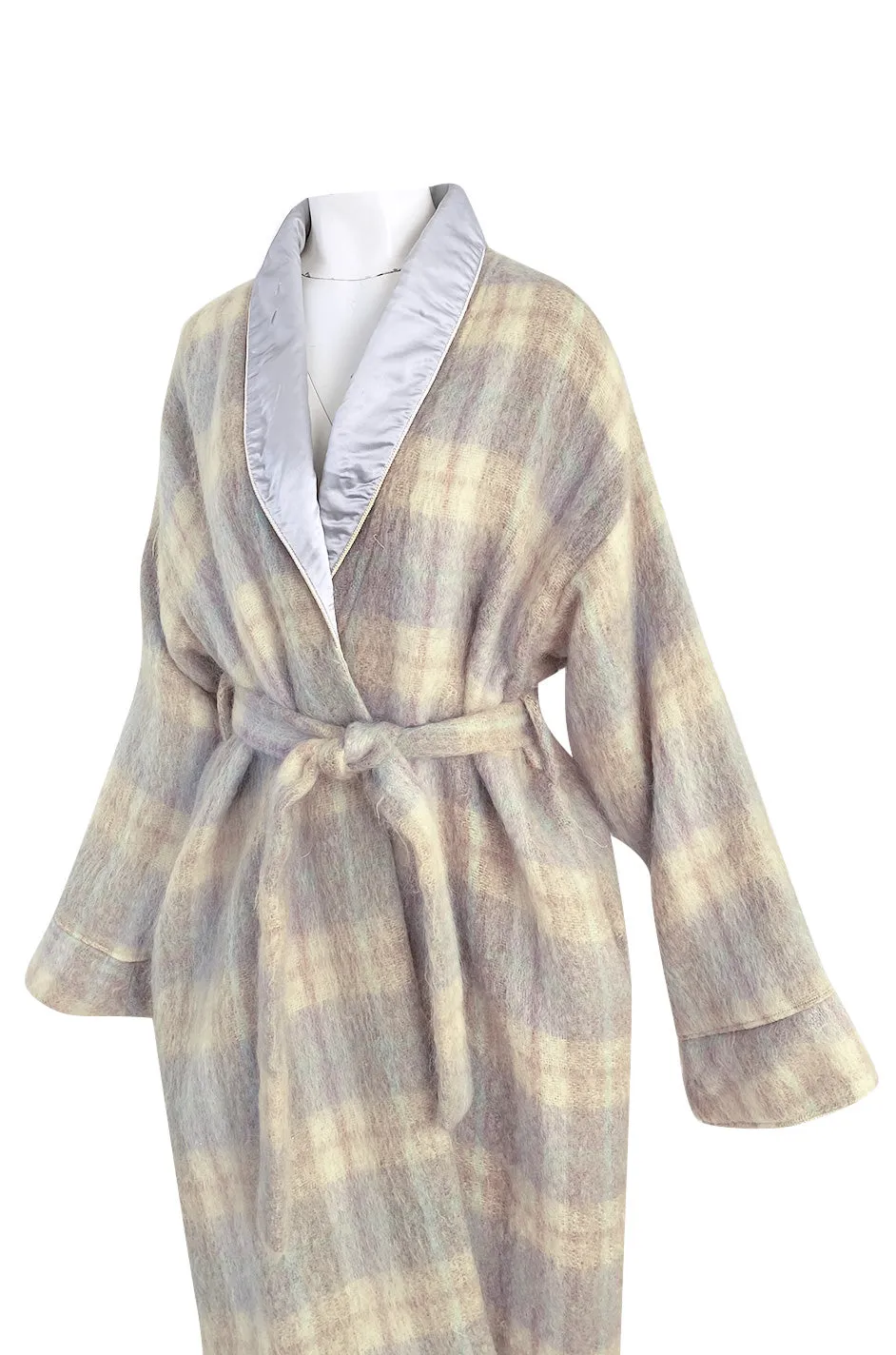 1980s Valentino Ice Blue & Taupe Patterned Wrapped Mohair Robe or Light Coat