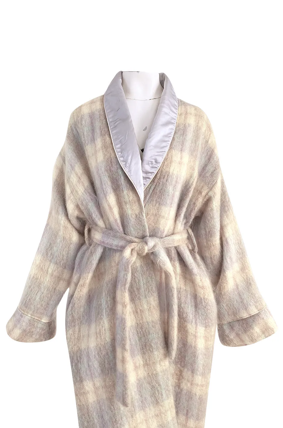 1980s Valentino Ice Blue & Taupe Patterned Wrapped Mohair Robe or Light Coat