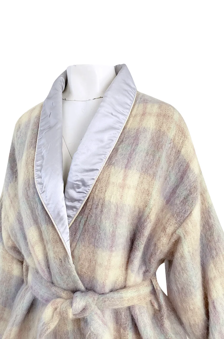 1980s Valentino Ice Blue & Taupe Patterned Wrapped Mohair Robe or Light Coat