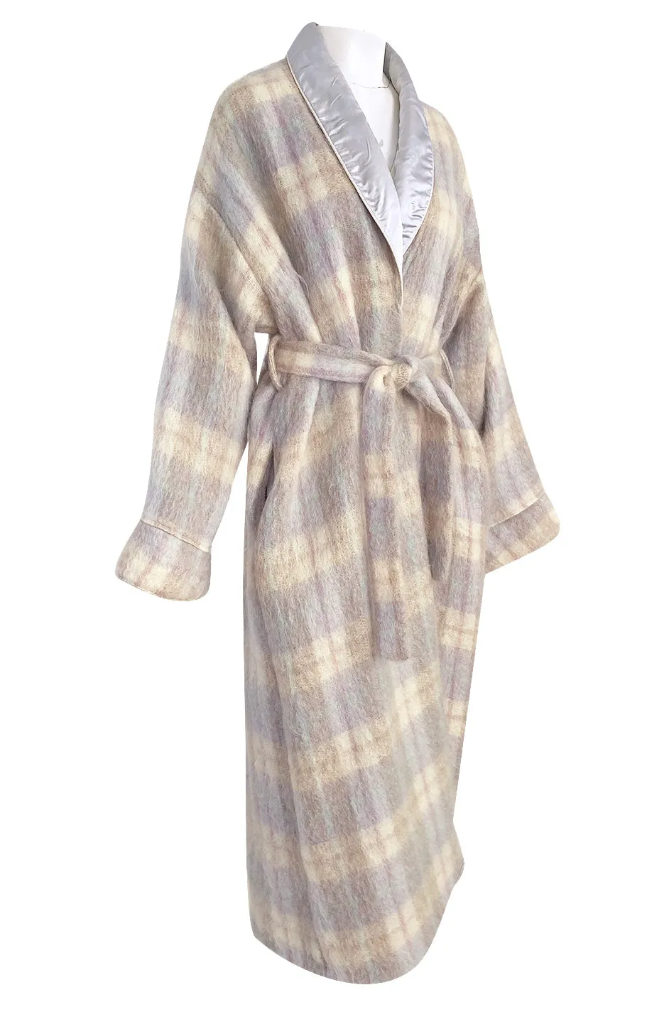 1980s Valentino Ice Blue & Taupe Patterned Wrapped Mohair Robe or Light Coat