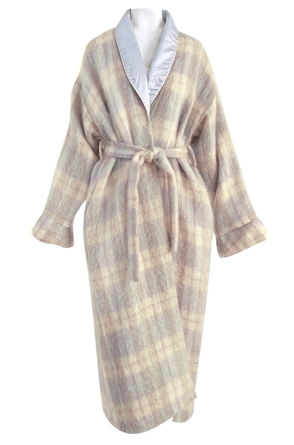 1980s Valentino Ice Blue & Taupe Patterned Wrapped Mohair Robe or Light Coat