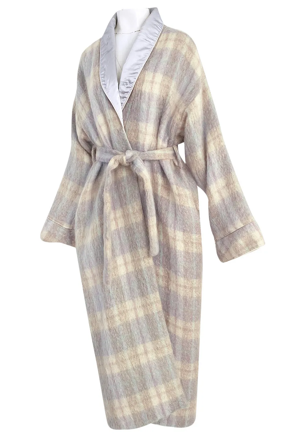 1980s Valentino Ice Blue & Taupe Patterned Wrapped Mohair Robe or Light Coat