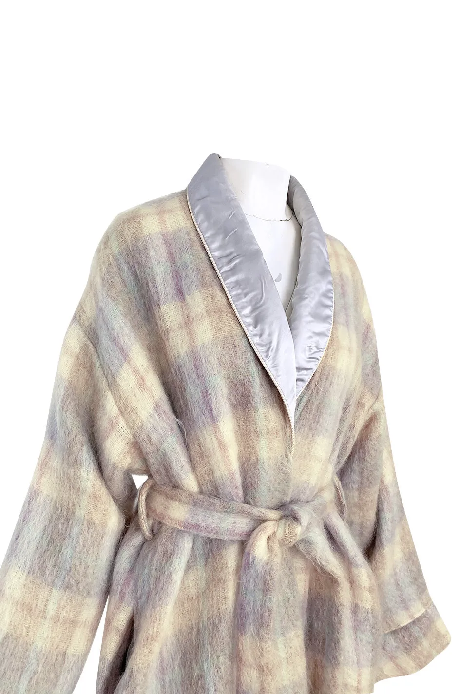 1980s Valentino Ice Blue & Taupe Patterned Wrapped Mohair Robe or Light Coat