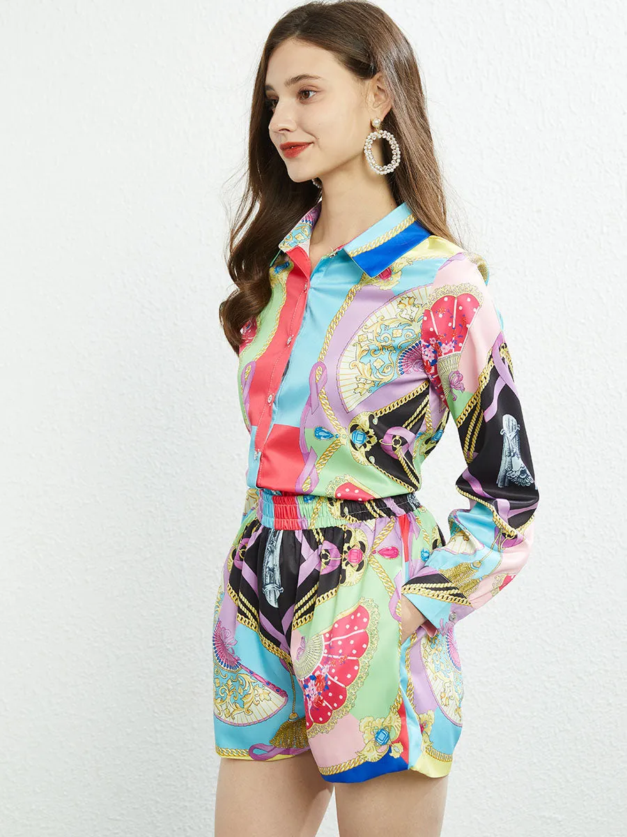 2PCS Ballot Floral Printed Shirt Collar Pocketed Long Sleeves Boho Set