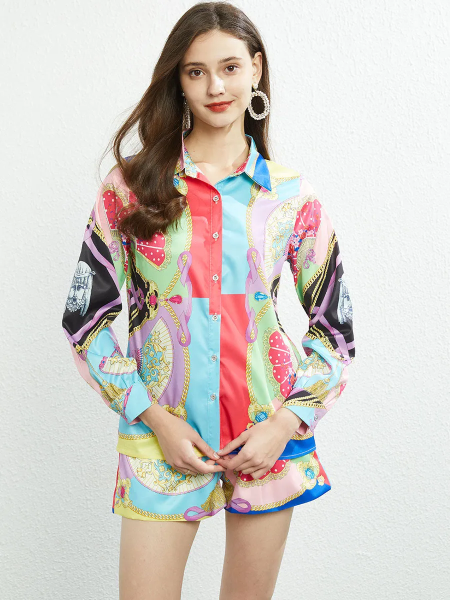 2PCS Ballot Floral Printed Shirt Collar Pocketed Long Sleeves Boho Set