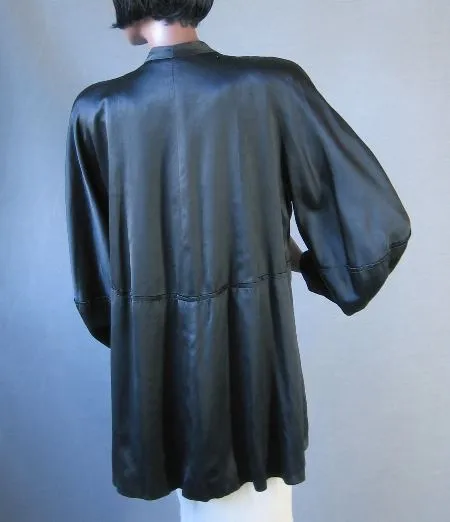 40s Vintage Women's Swing Jacket Coat Black Satin Dramatic Sleeves L/XL VFG