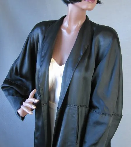 40s Vintage Women's Swing Jacket Coat Black Satin Dramatic Sleeves L/XL VFG