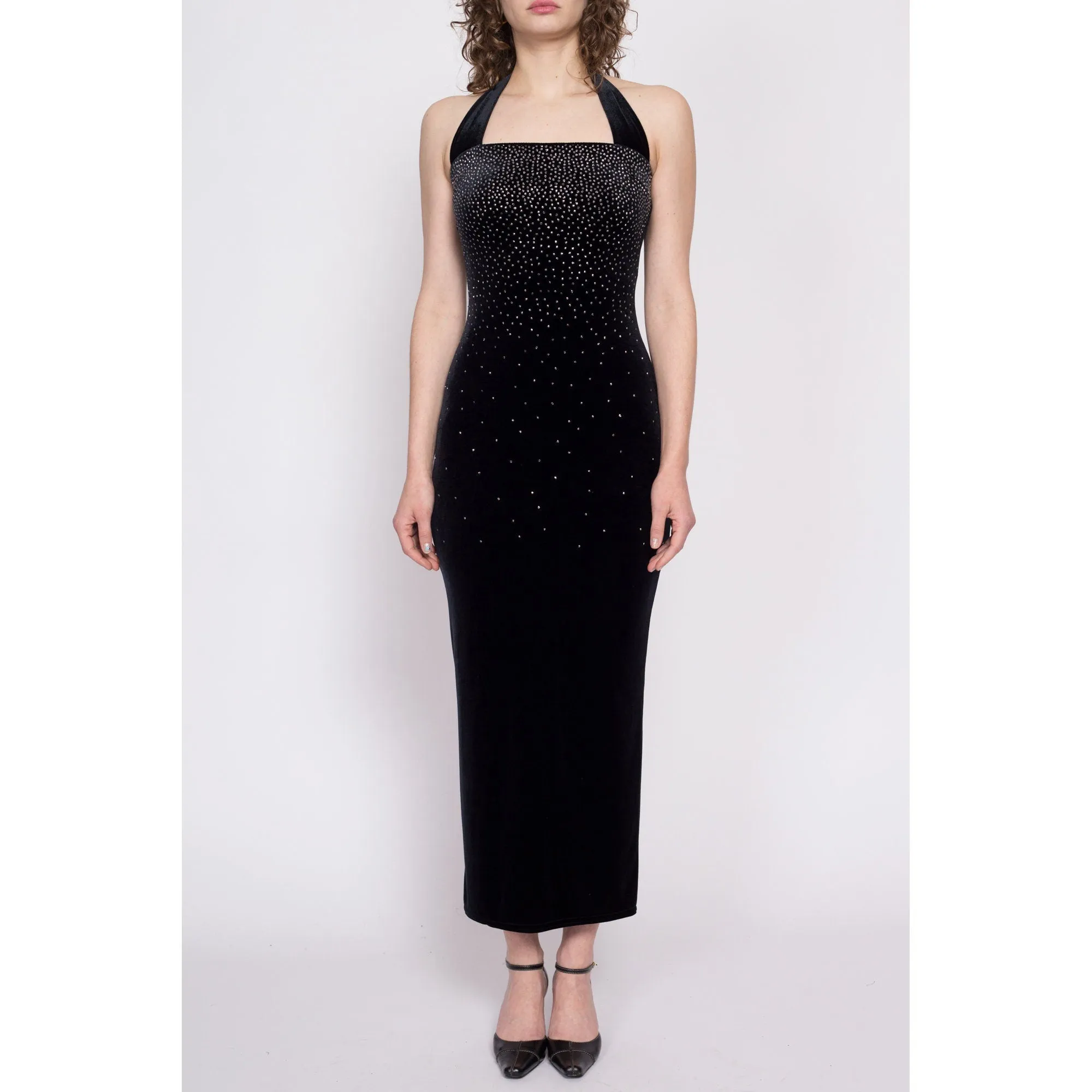 90s Y2K Sparkle Gradient Black Velvet Bodycon Dress - XS to Small