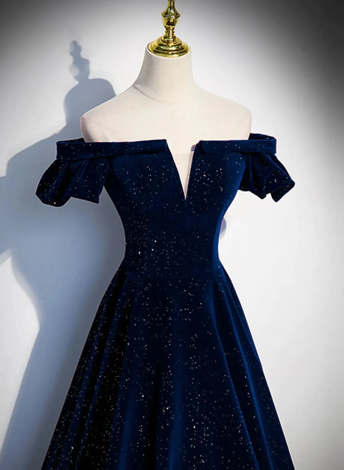 A-line Navy Blue Velvet Long Party Dress Prom Dress, Off Shoulder Navy Blue Formal Dress