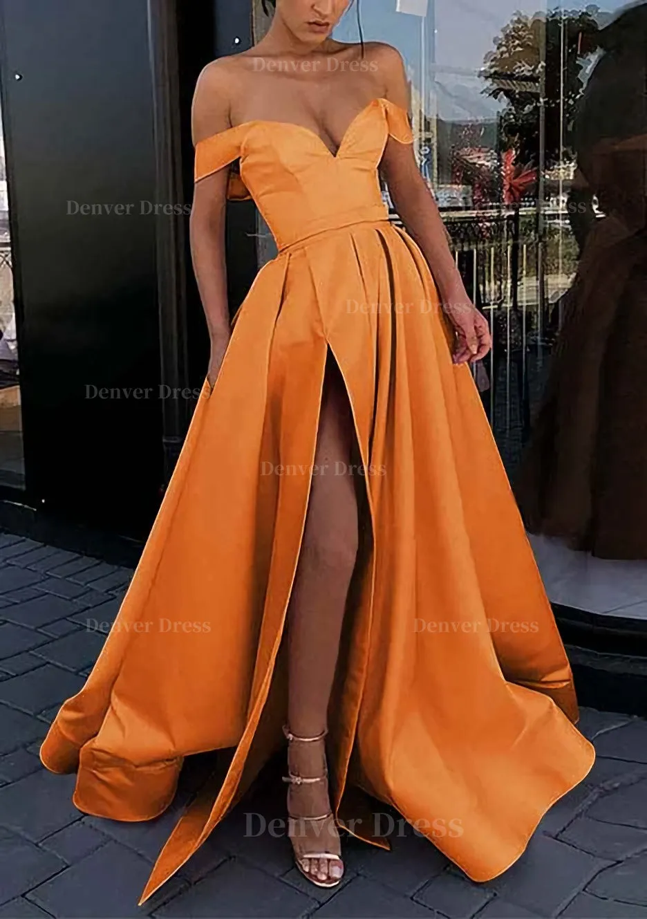 A-line Off-the-Shoulder Strapless Long/Floor-Length Satin Prom Dress With Split