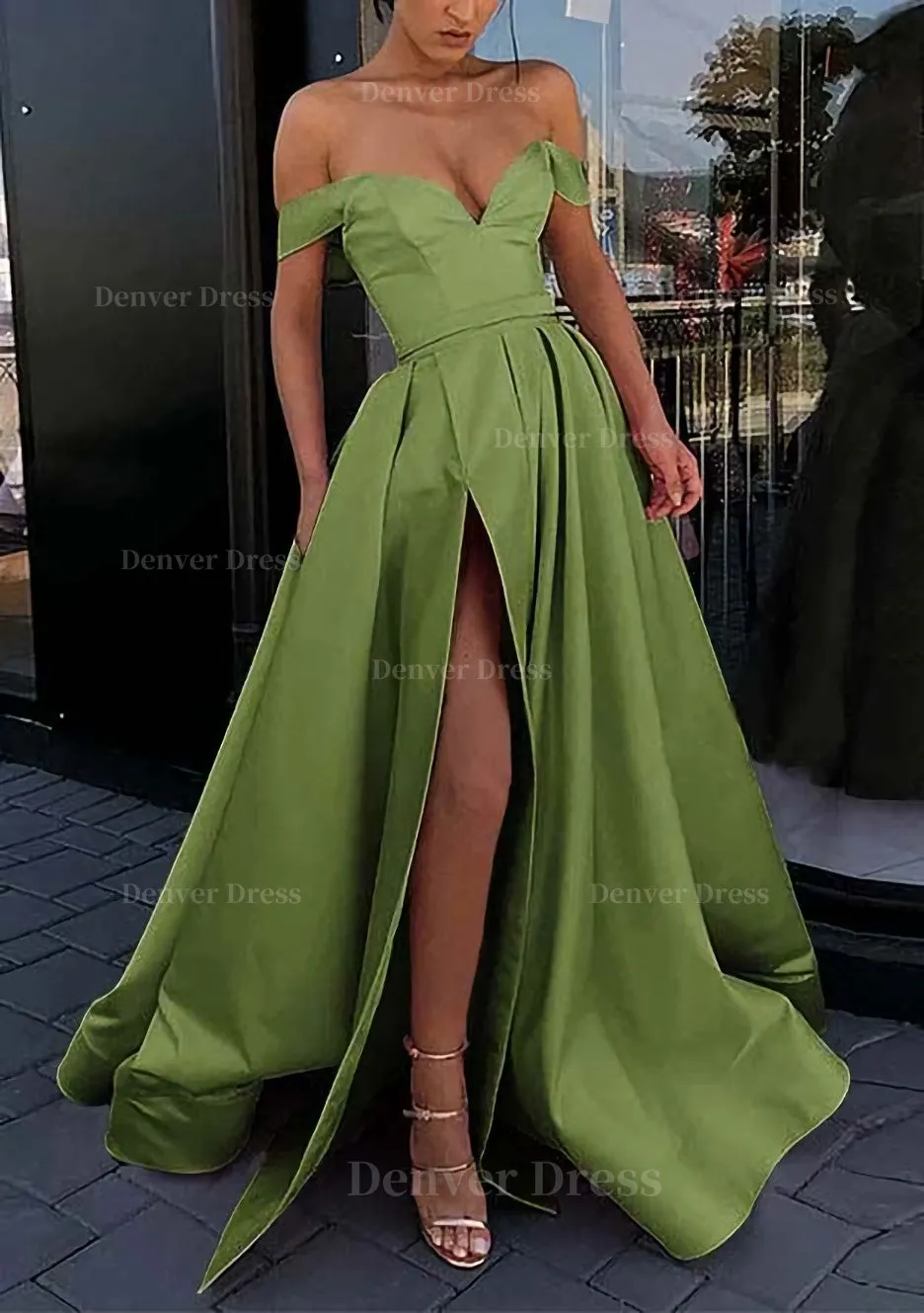 A-line Off-the-Shoulder Strapless Long/Floor-Length Satin Prom Dress With Split