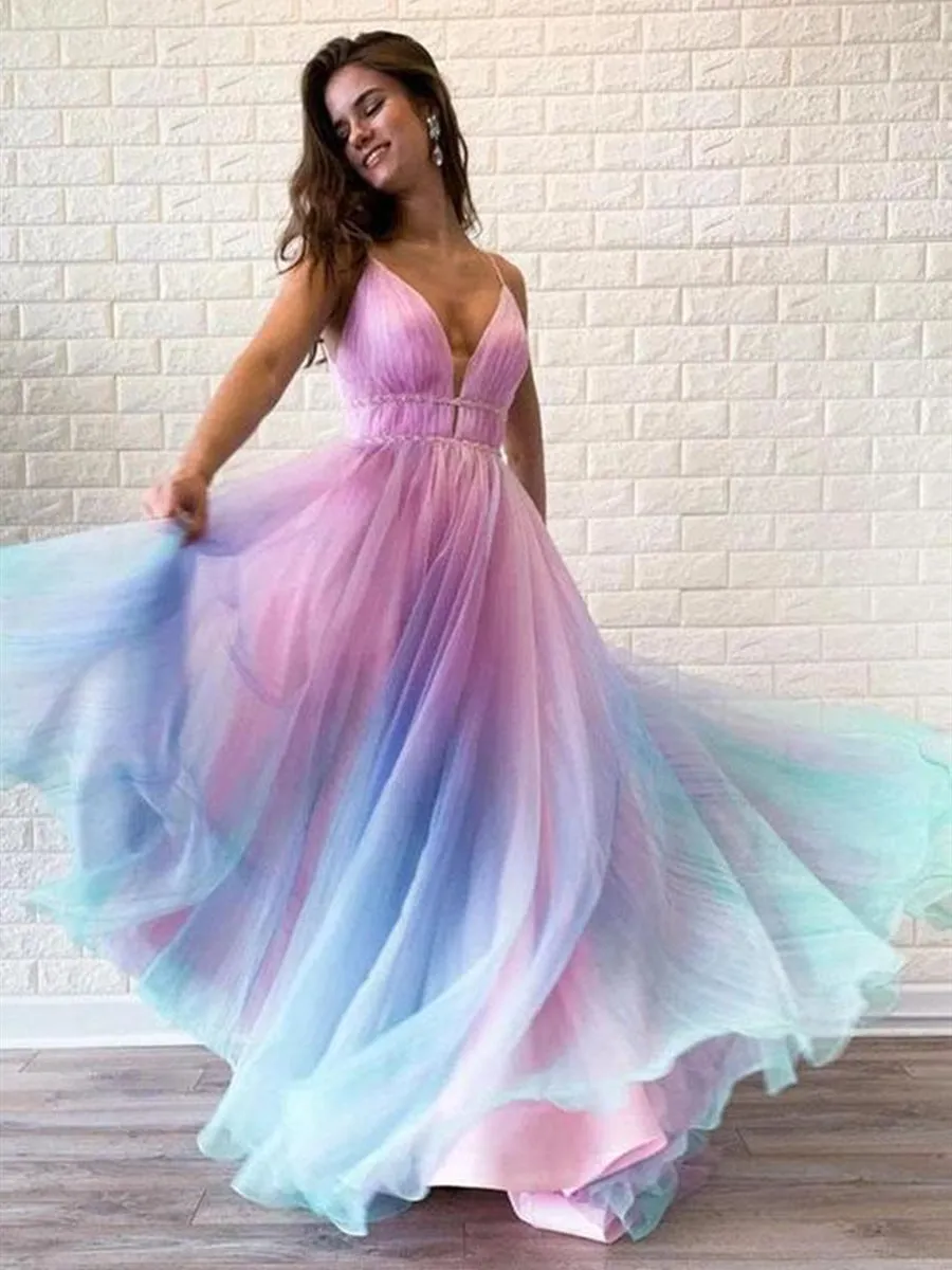 A Line V Neck Ombre Long Prom, Multi Color Ombre Long Formal Evening