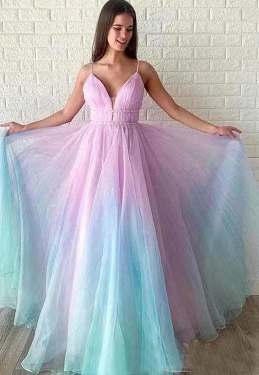 A Line V Neck Ombre Long Prom, Multi Color Ombre Long Formal Evening