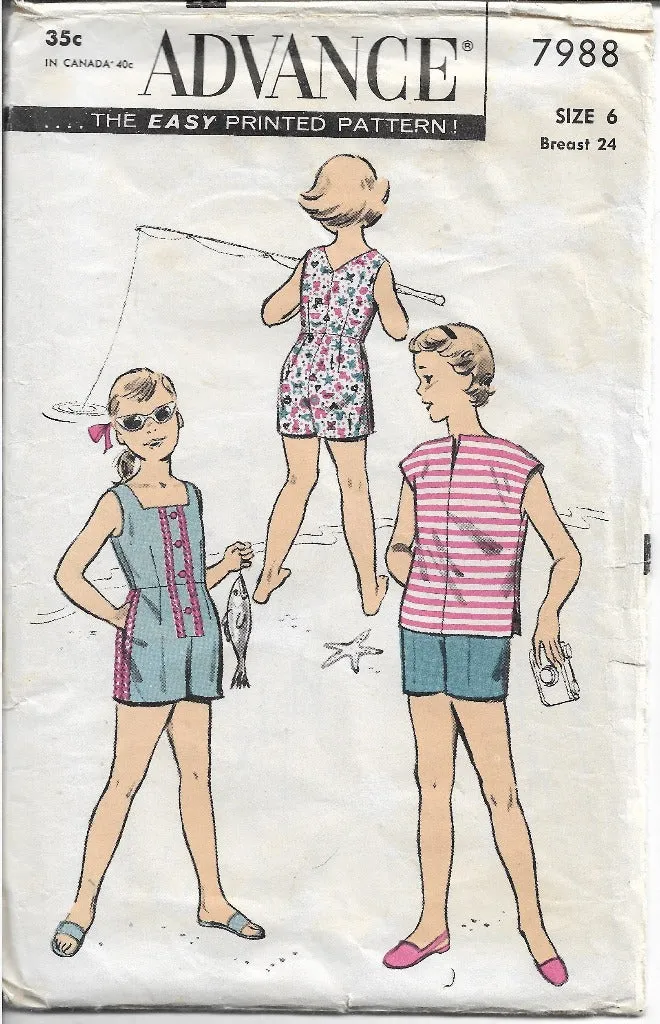 Advance 7988 Girls One Piece Playsuit Shorts Blouse Vintage 1960's Sewing Pattern