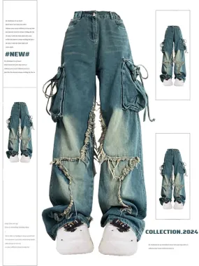 Aiertu Women Blue Cargo Jeans Baggy Vintage 90s Aesthetic High Waist Cowboy Pants Harajuku Denim Trousers Y2k Trashy 2000s Clothes 2024