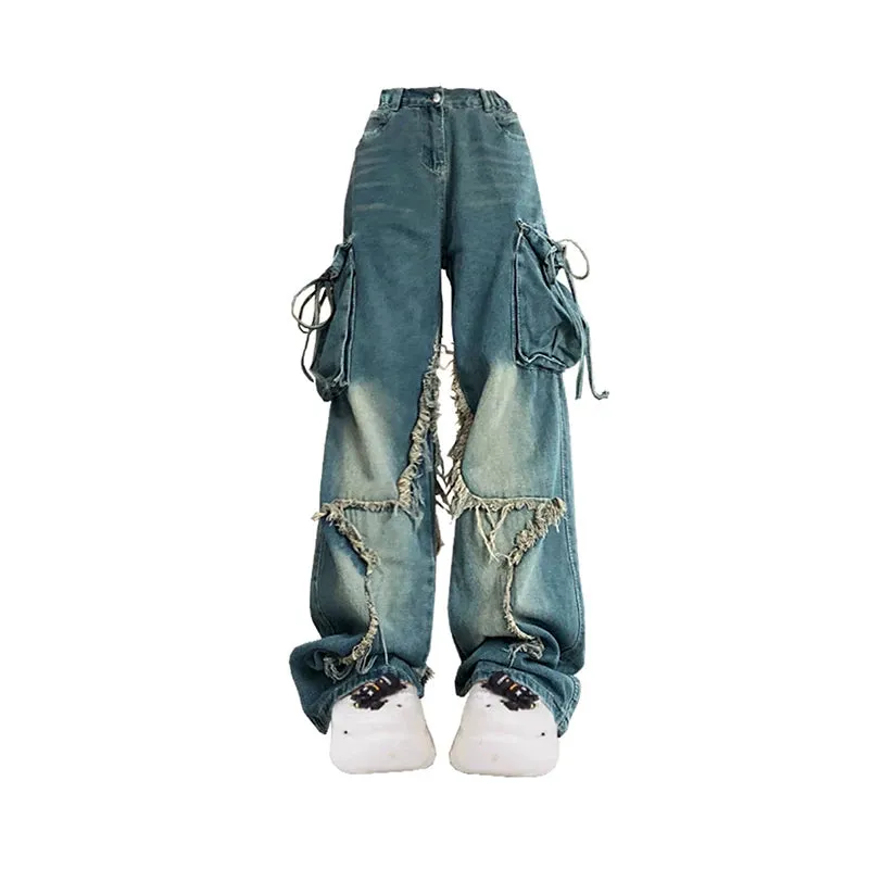 Aiertu Women Blue Cargo Jeans Baggy Vintage 90s Aesthetic High Waist Cowboy Pants Harajuku Denim Trousers Y2k Trashy 2000s Clothes 2024