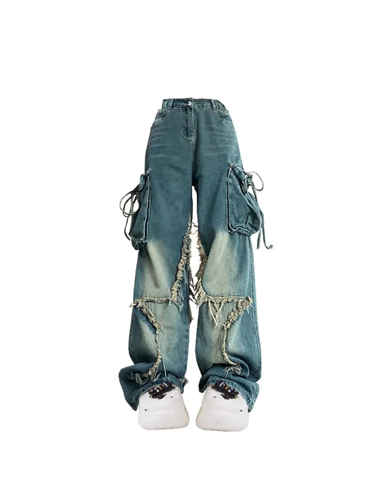 Aiertu Women Blue Cargo Jeans Baggy Vintage 90s Aesthetic High Waist Cowboy Pants Harajuku Denim Trousers Y2k Trashy 2000s Clothes 2024