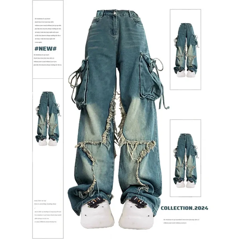 Aiertu Women Blue Cargo Jeans Baggy Vintage 90s Aesthetic High Waist Cowboy Pants Harajuku Denim Trousers Y2k Trashy 2000s Clothes 2024