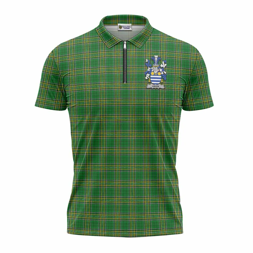 Aiken Irish Clan Tartan Zipper Polo Shirt with Coat of Arms