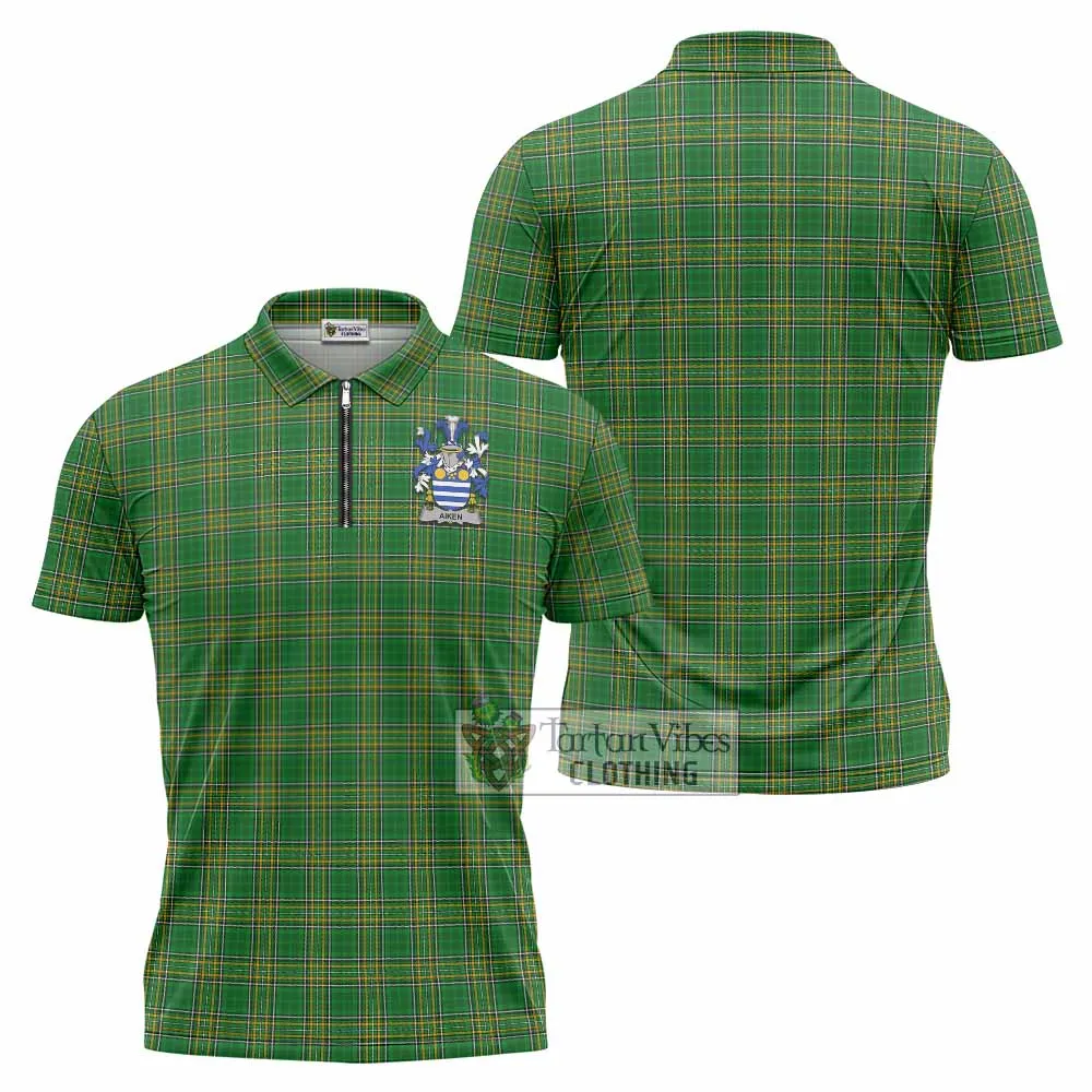 Aiken Irish Clan Tartan Zipper Polo Shirt with Coat of Arms