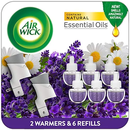 Air Wick plug in Scented Oil Starter Kit, 2 Warmers   6 Refills, Lavender & Chamomile, Eco friendly, Essential Oils, Air Freshener