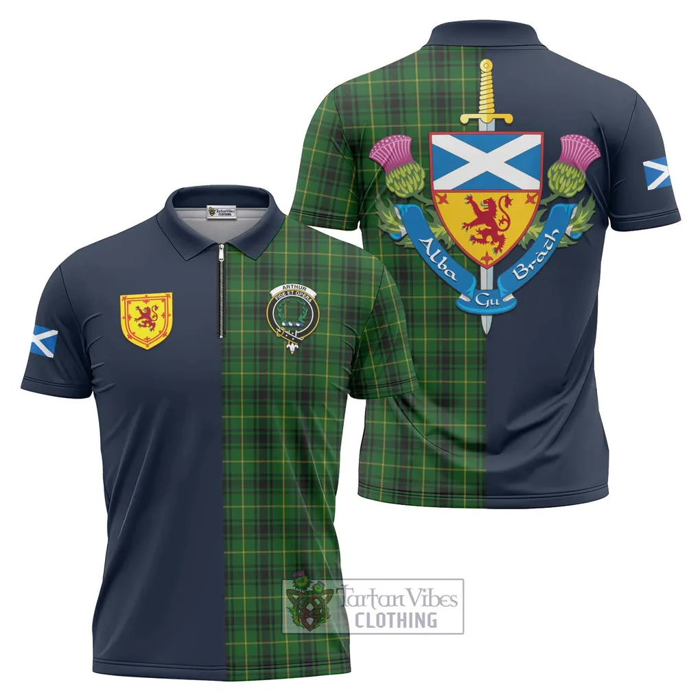 Arthur Tartan Zipper Polo Shirt Alba with Scottish Lion Royal Arm Half Style