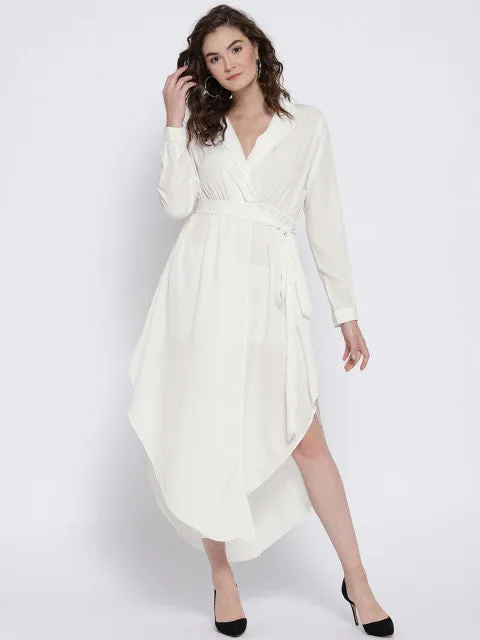 Berrylush Women Solid White Shirt Collar Neck Waist Tie-Up Empire Midi Dress