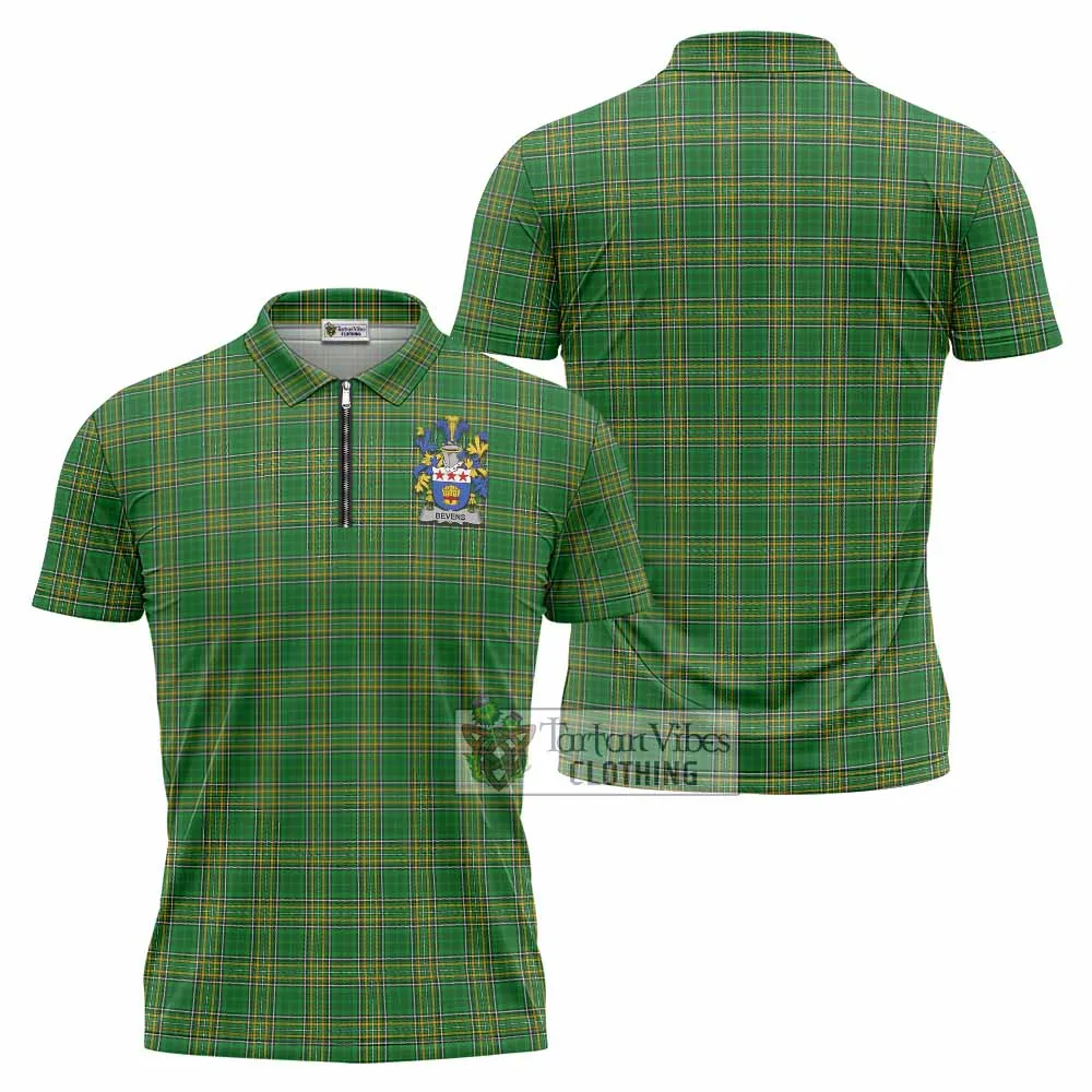 Bevens Irish Clan Tartan Zipper Polo Shirt with Coat of Arms