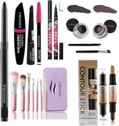 Bingeable Kajal& 3 In1 Waterproof Eyeliner, mascara, Kajal& 36H Eyeliner& 7 Pcs Brush(HK)& 2in1 Contour Stick& Black,Brown Gel Eyeliner