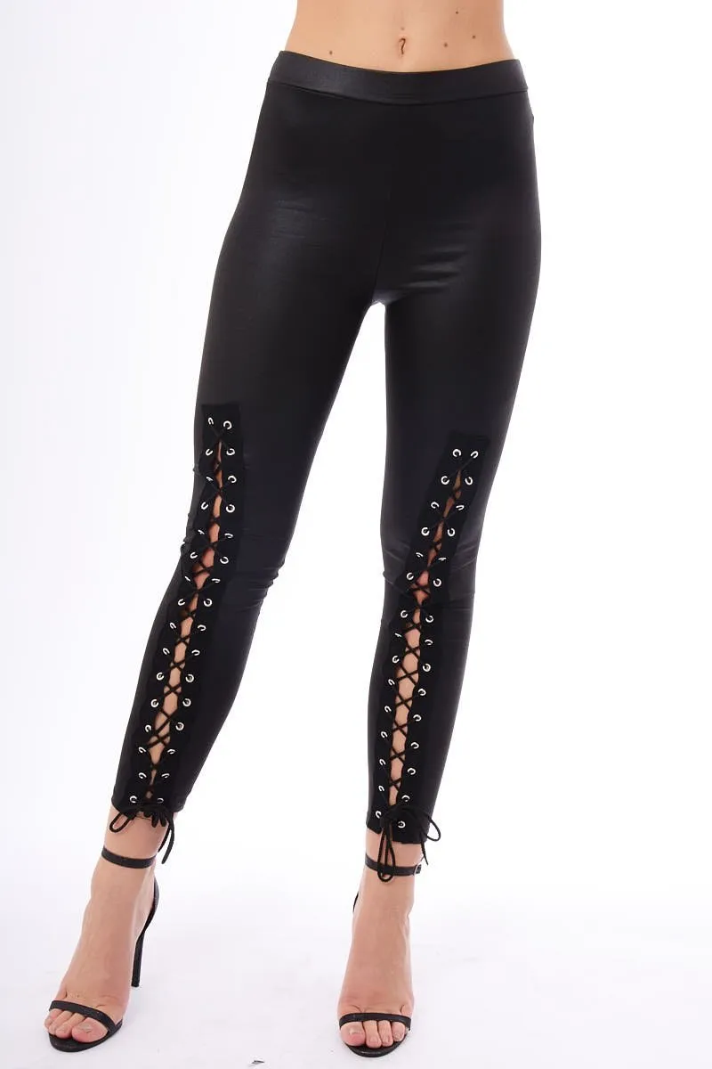 Black Lace Up PU Leggings -  Shania