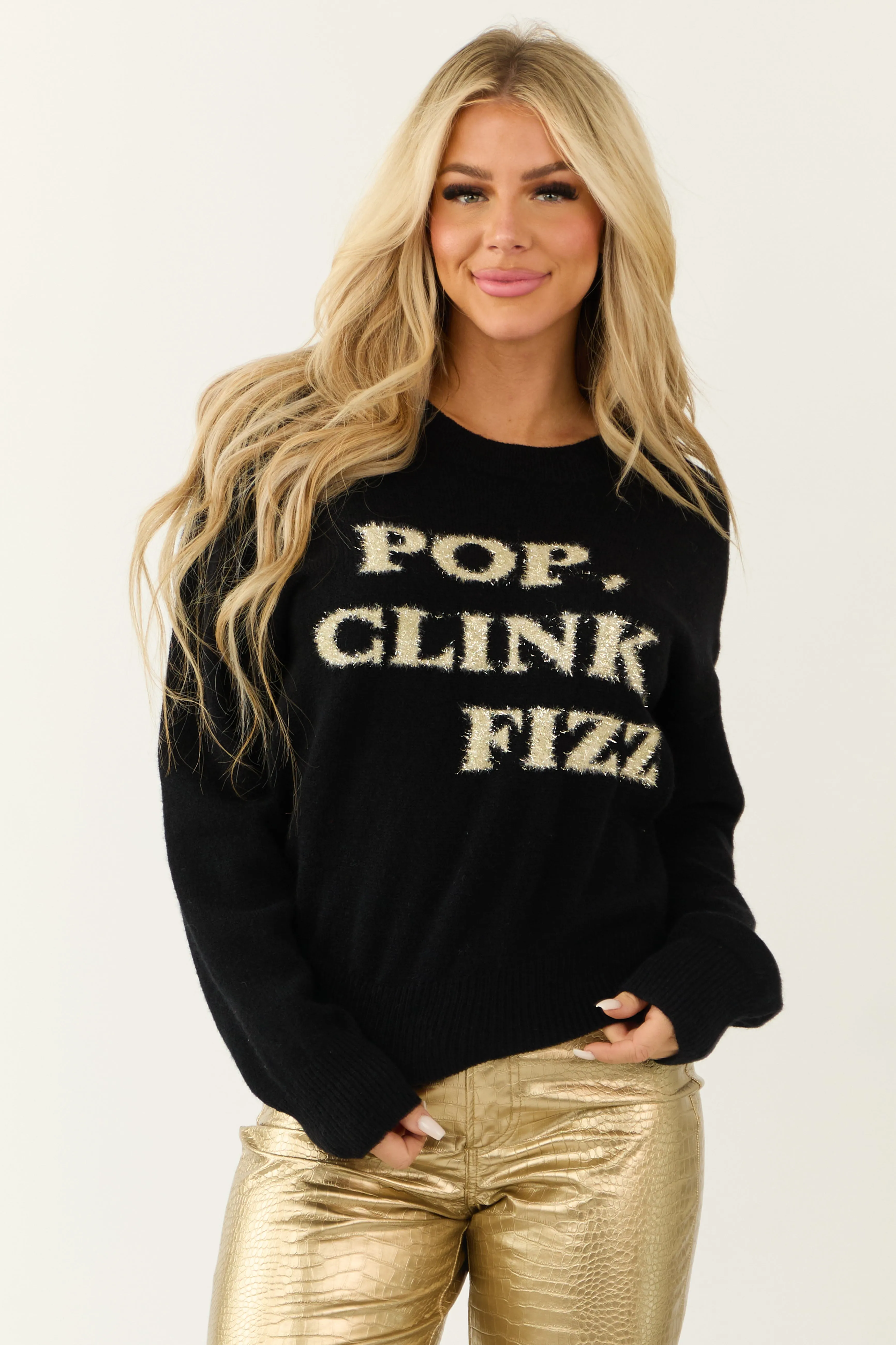 Black 'Pop Clink Fizz' Graphic Pullover Sweater