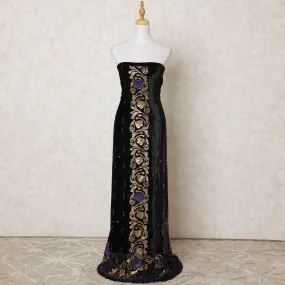 Black silk blended velvet fabric with gold sequins, purple embroidery having stone work in fancy design-D11883