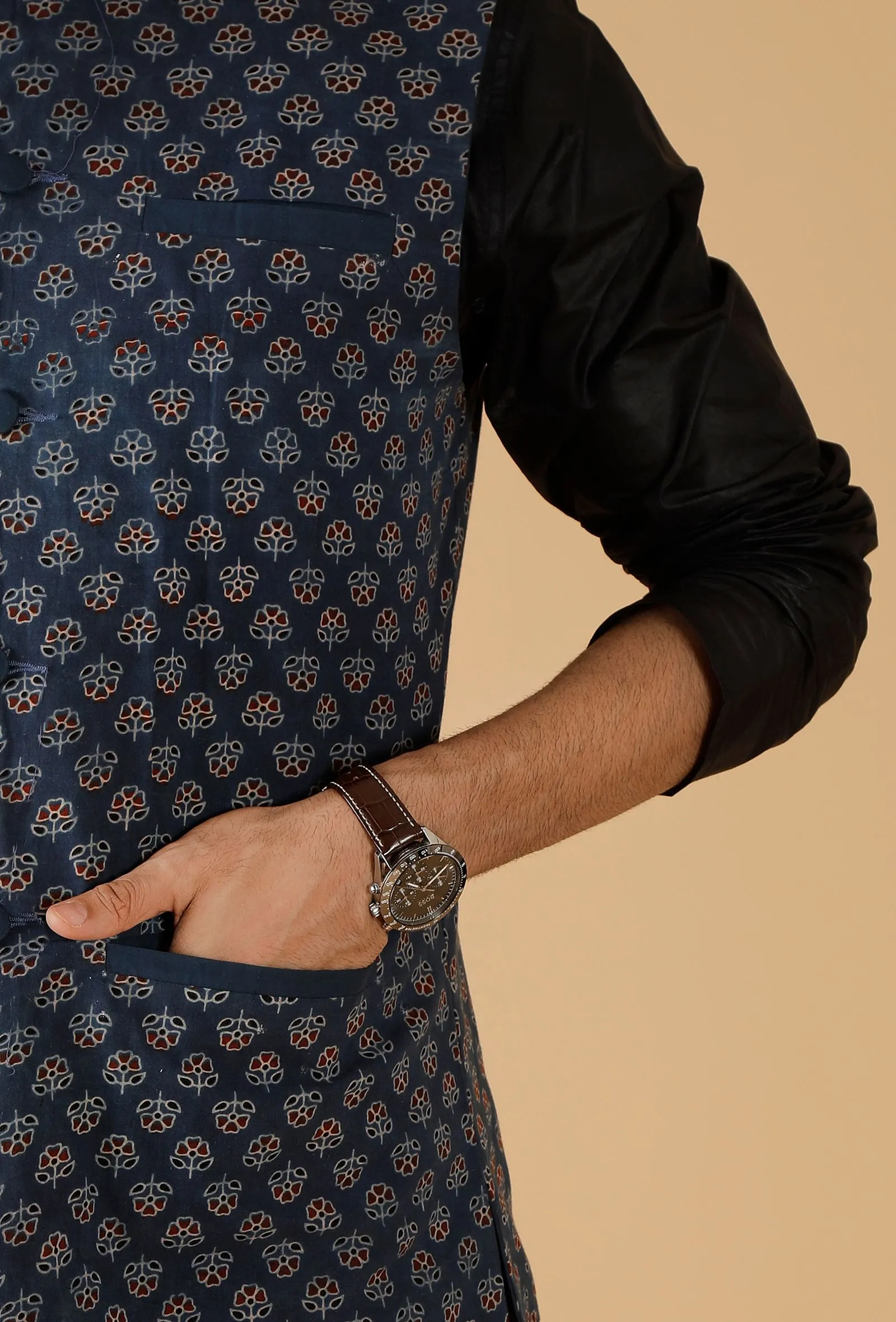 Blue Ajrakh Print Cotton Sleeveless Nehru Jacket With Pockets