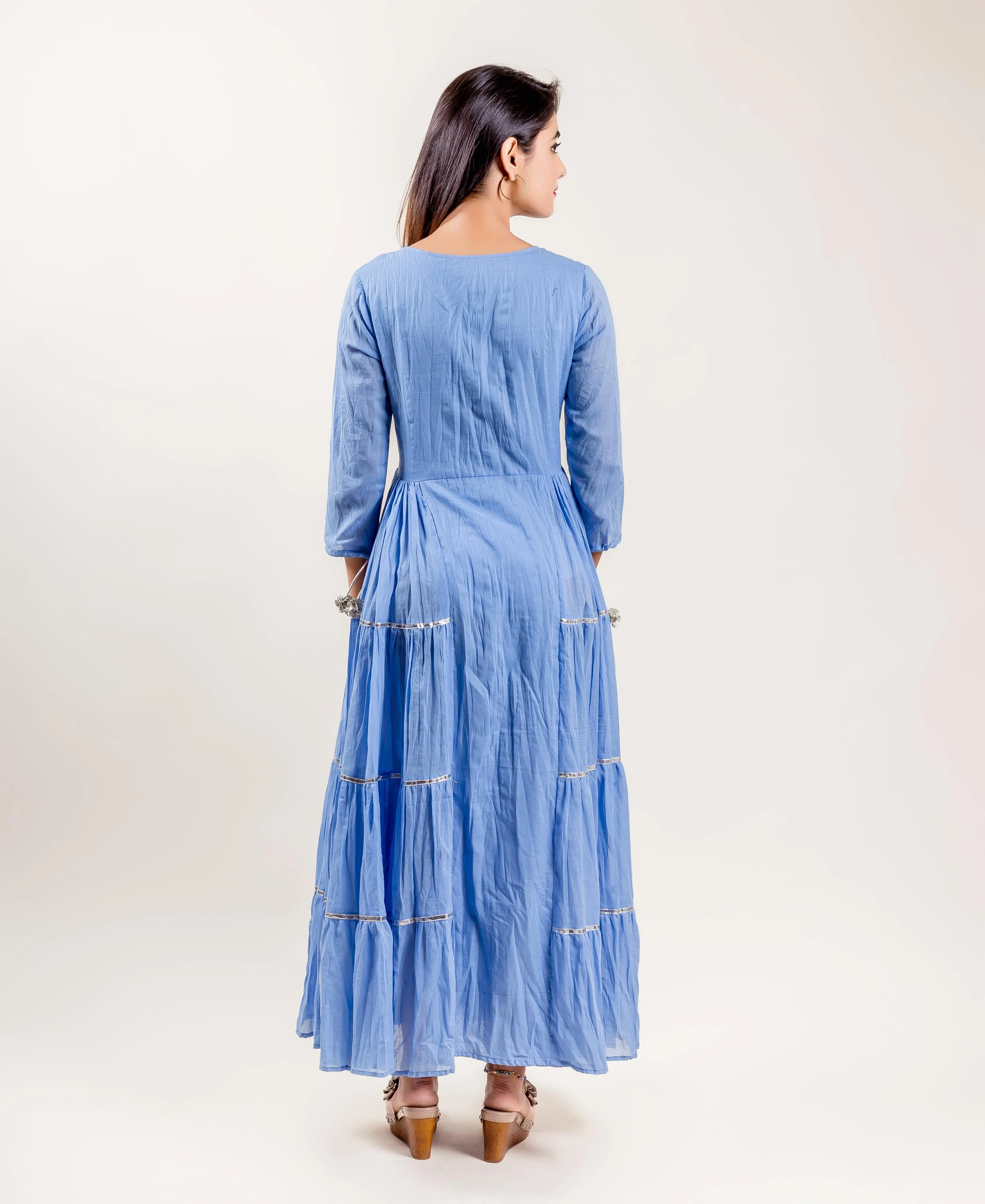 Blue Cotton Tiered Indo Western Style Gown Dress