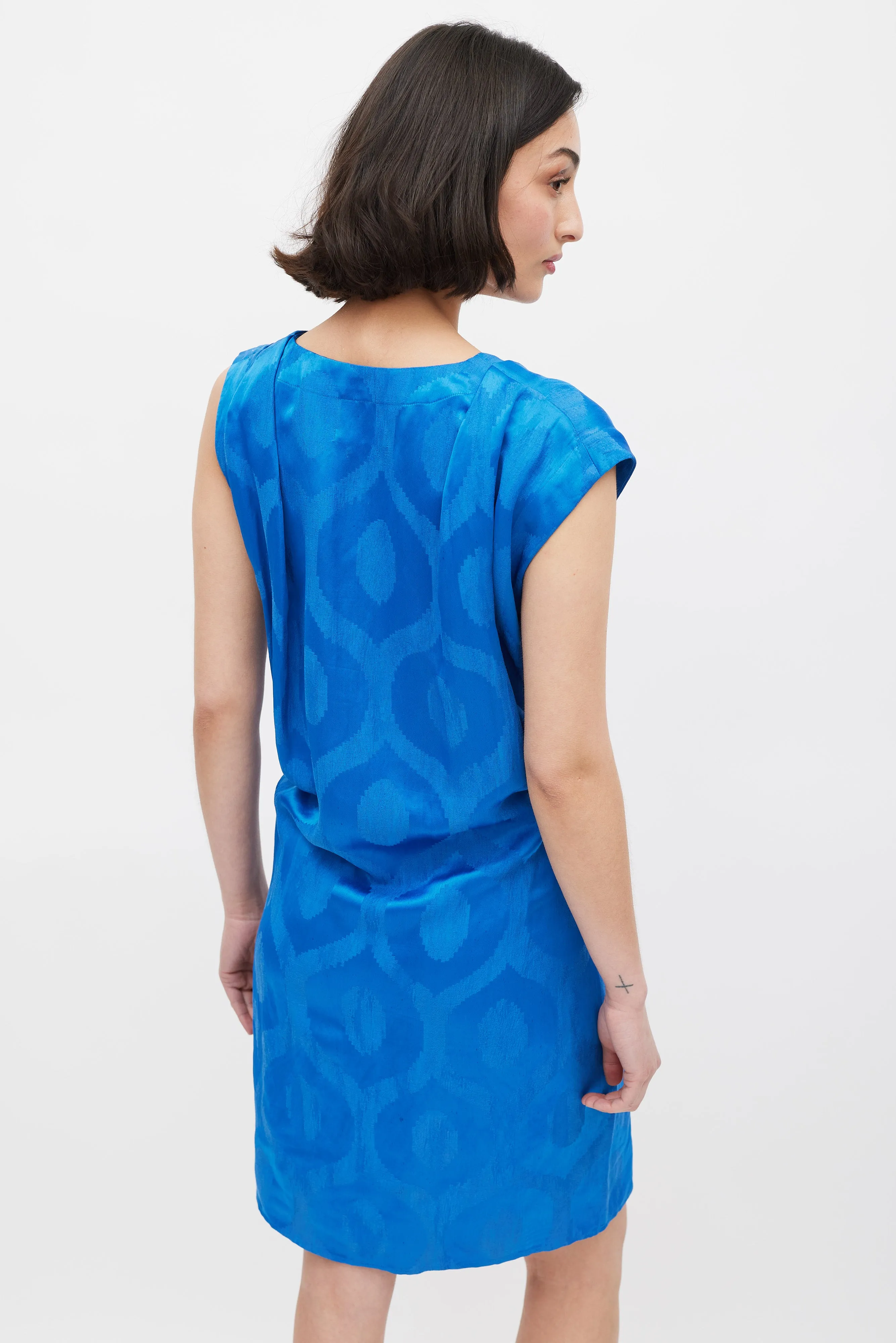 Blue Patterned Tie Waist Shift Dress