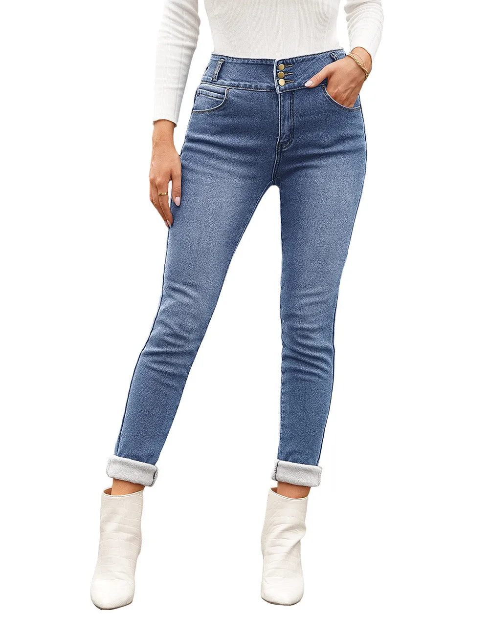 Blue Triple Button Fleece-Lined Skinny Denim Jeans