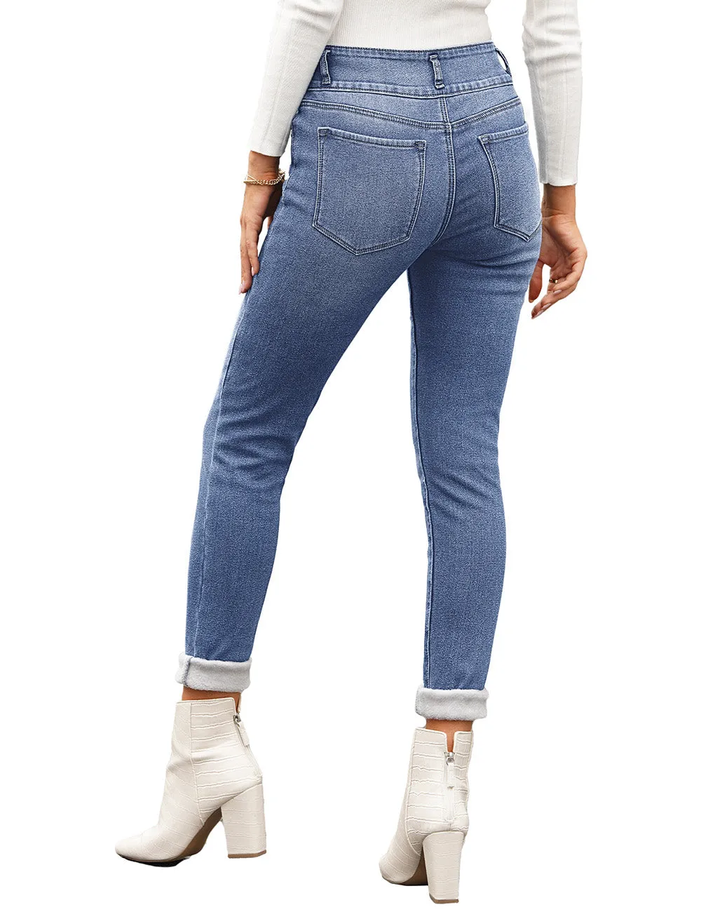 Blue Triple Button Fleece-Lined Skinny Denim Jeans