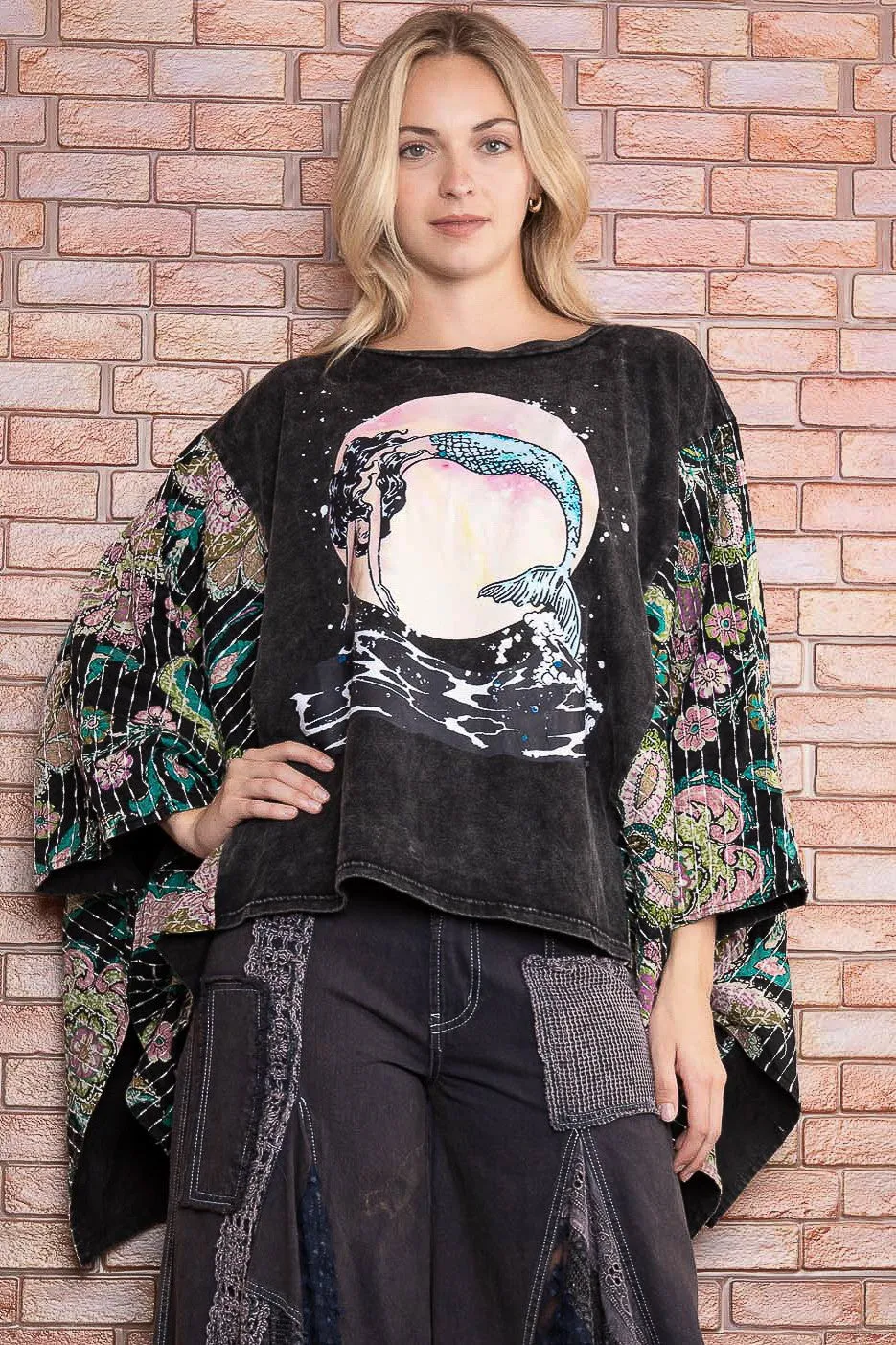 BlueVelvet Mermaid Print Top with Mixed Print Sewn Poncho Sleeves in Black