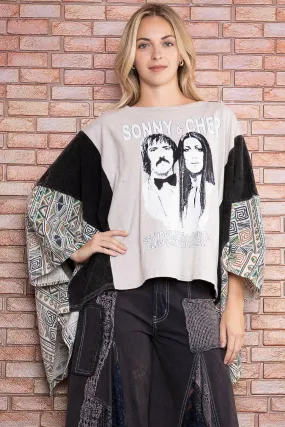 BlueVelvet Sonny & Cher Print Top with Mixed Print Sewn Poncho Sleeves in Light Grey