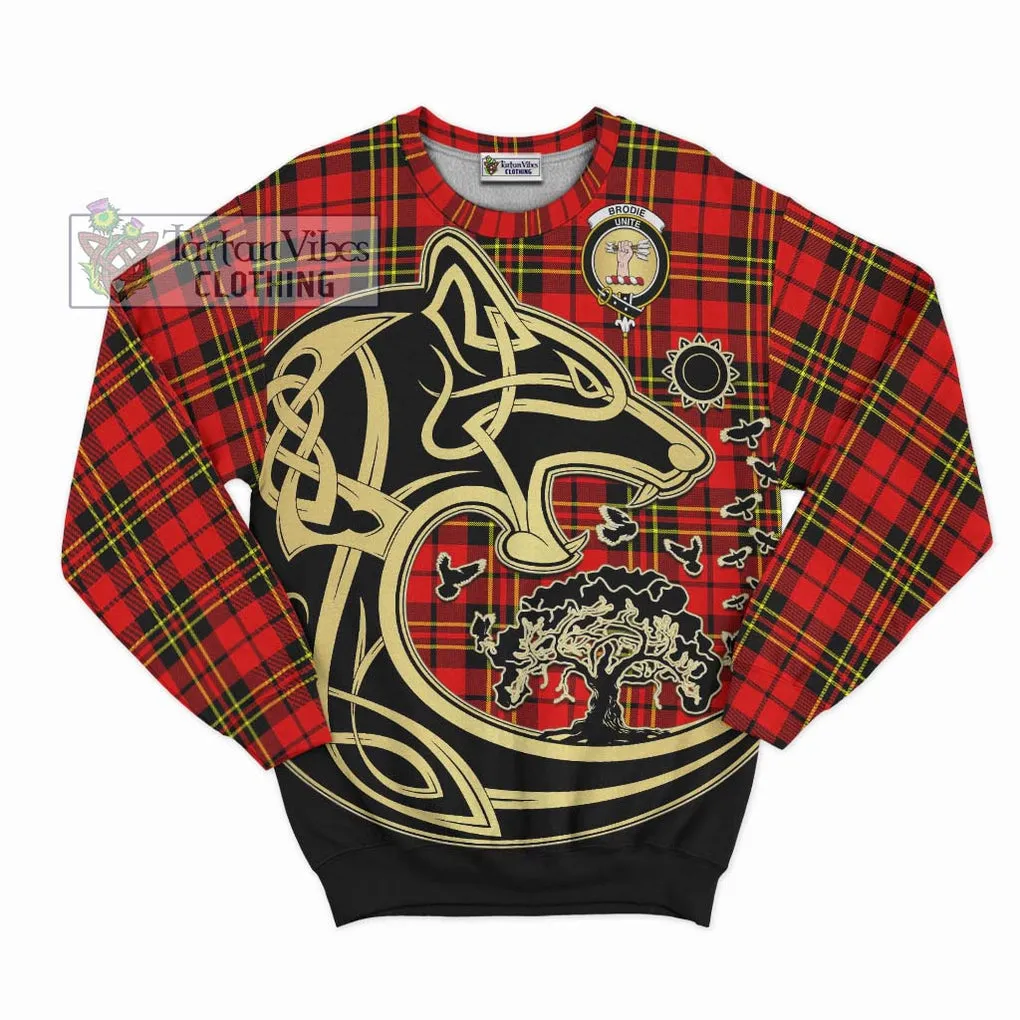 Brodie Modern Tartan Sweatshirt with Family Crest Celtic Wolf Style