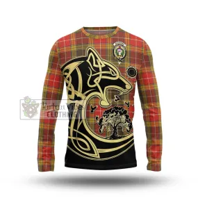 Buchanan Old Set Weathered Tartan Long Sleeve T-Shirt with Family Crest Celtic Wolf Style