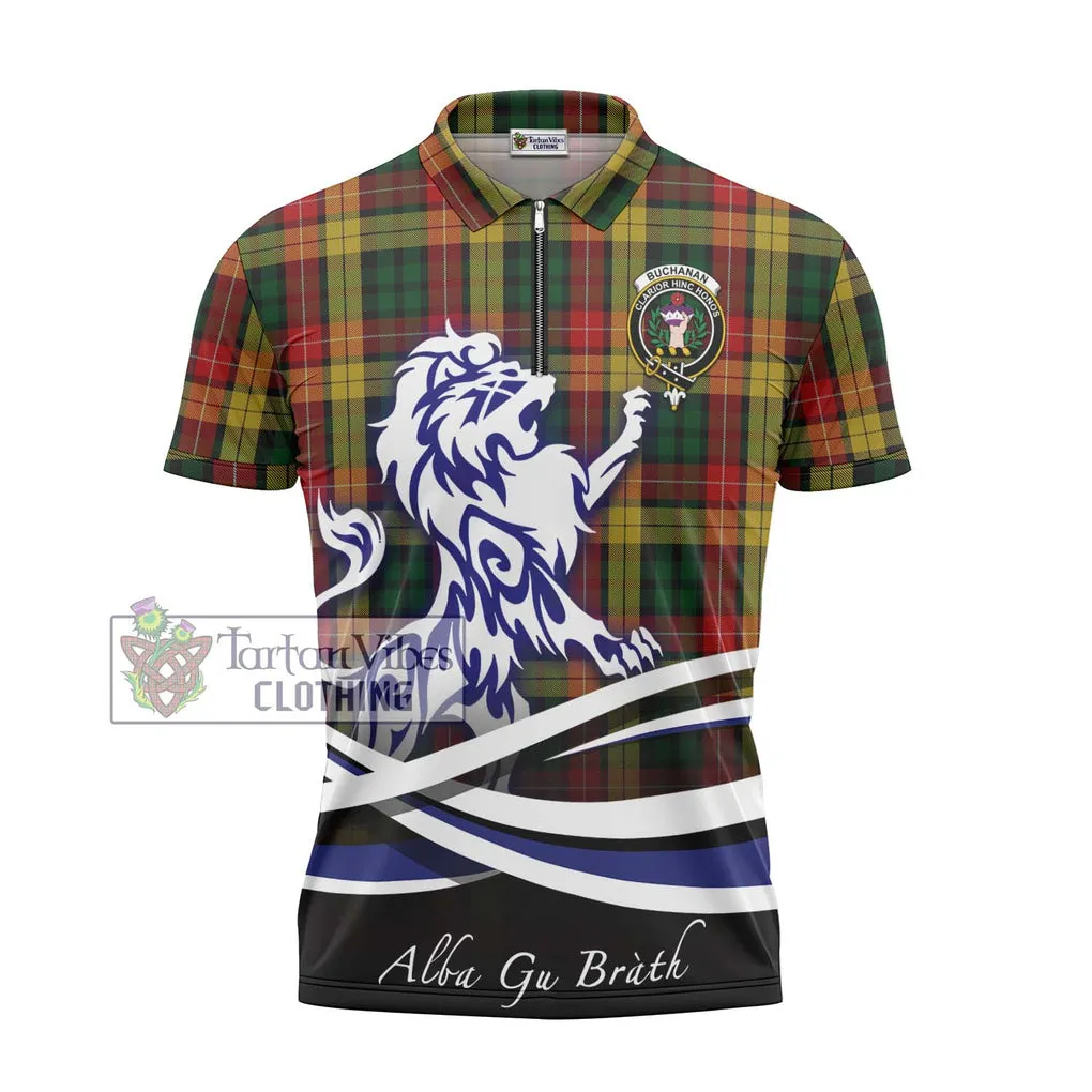 Buchanan Tartan Zipper Polo Shirt with Alba Gu Brath Regal Lion Emblem