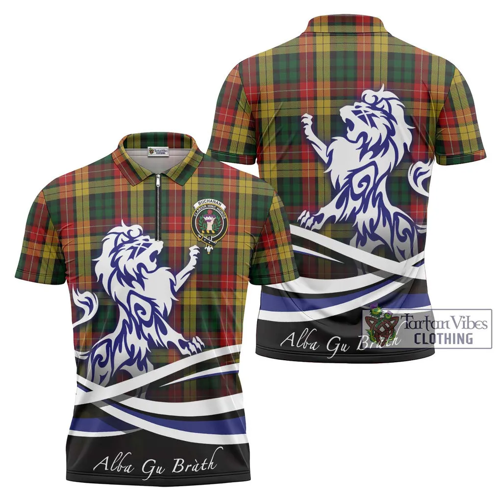 Buchanan Tartan Zipper Polo Shirt with Alba Gu Brath Regal Lion Emblem