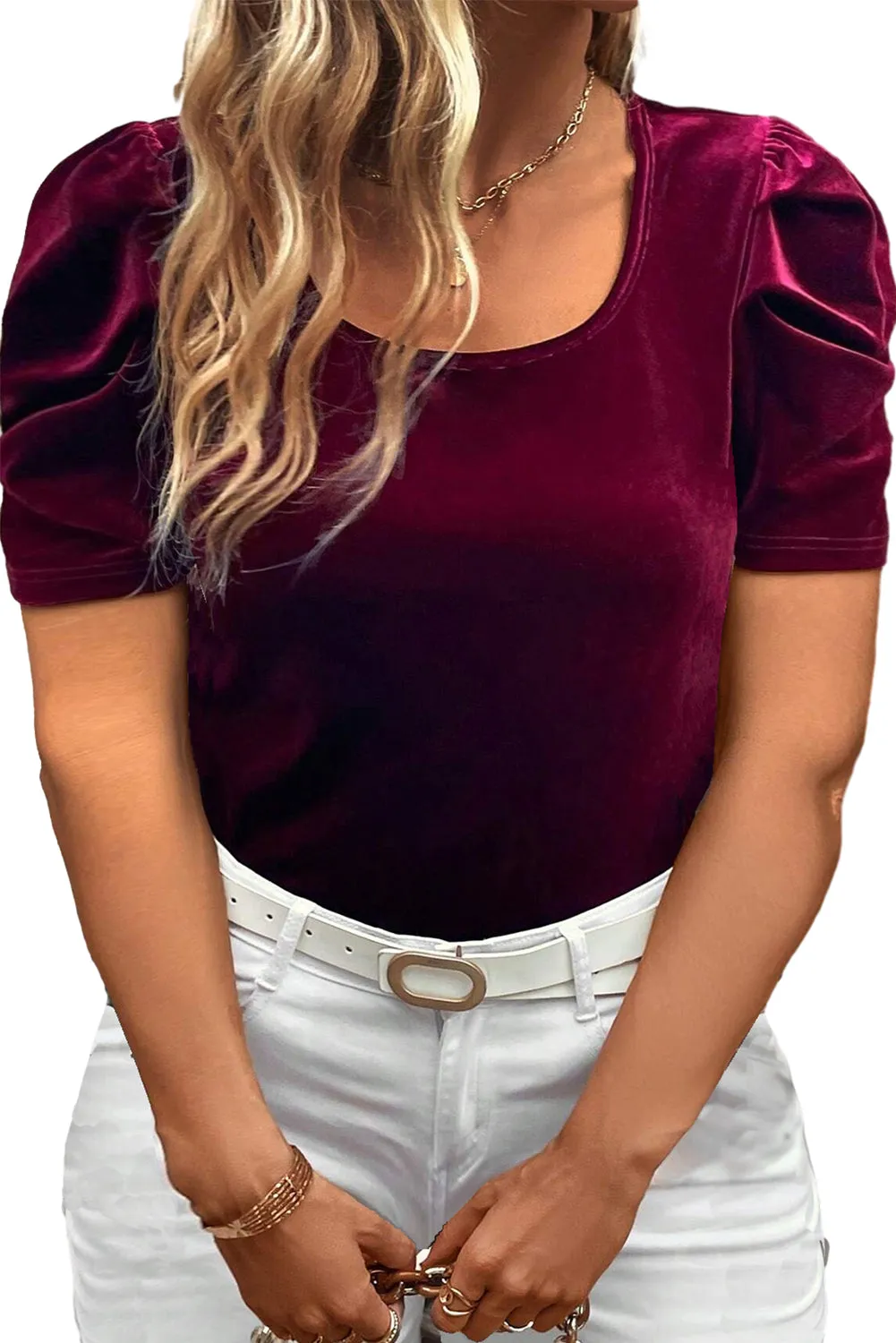 Burgundy Velvet Bubble Sleeve U Neck Plus Size Top