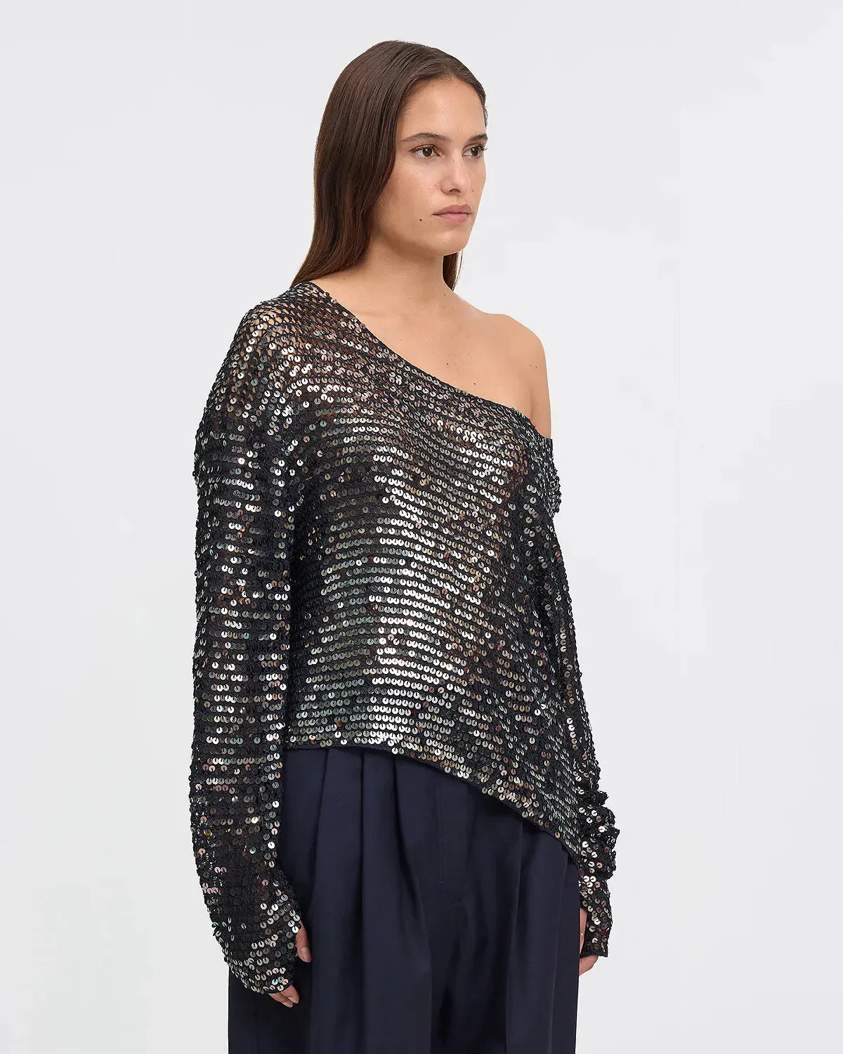 Casper Anthracite Sequin Mesh Sweater