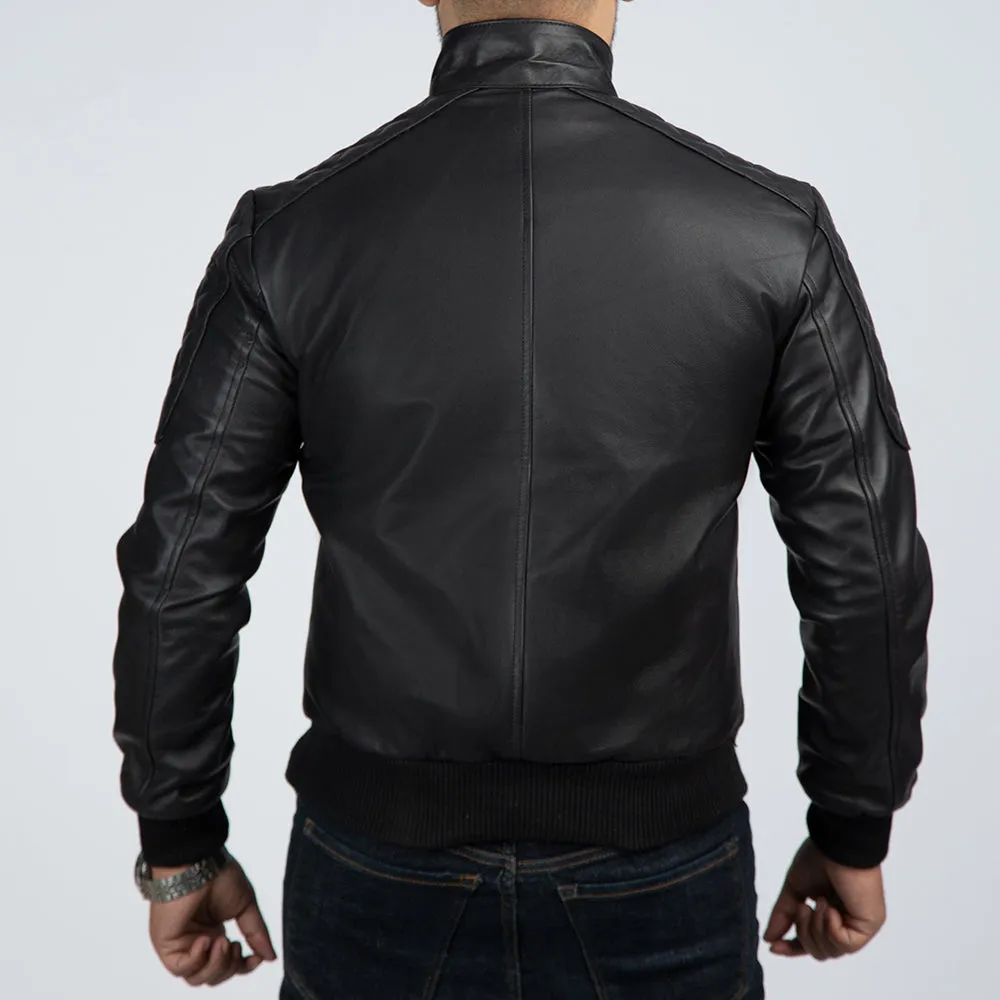 Casual Black Leather Bomber Jacket