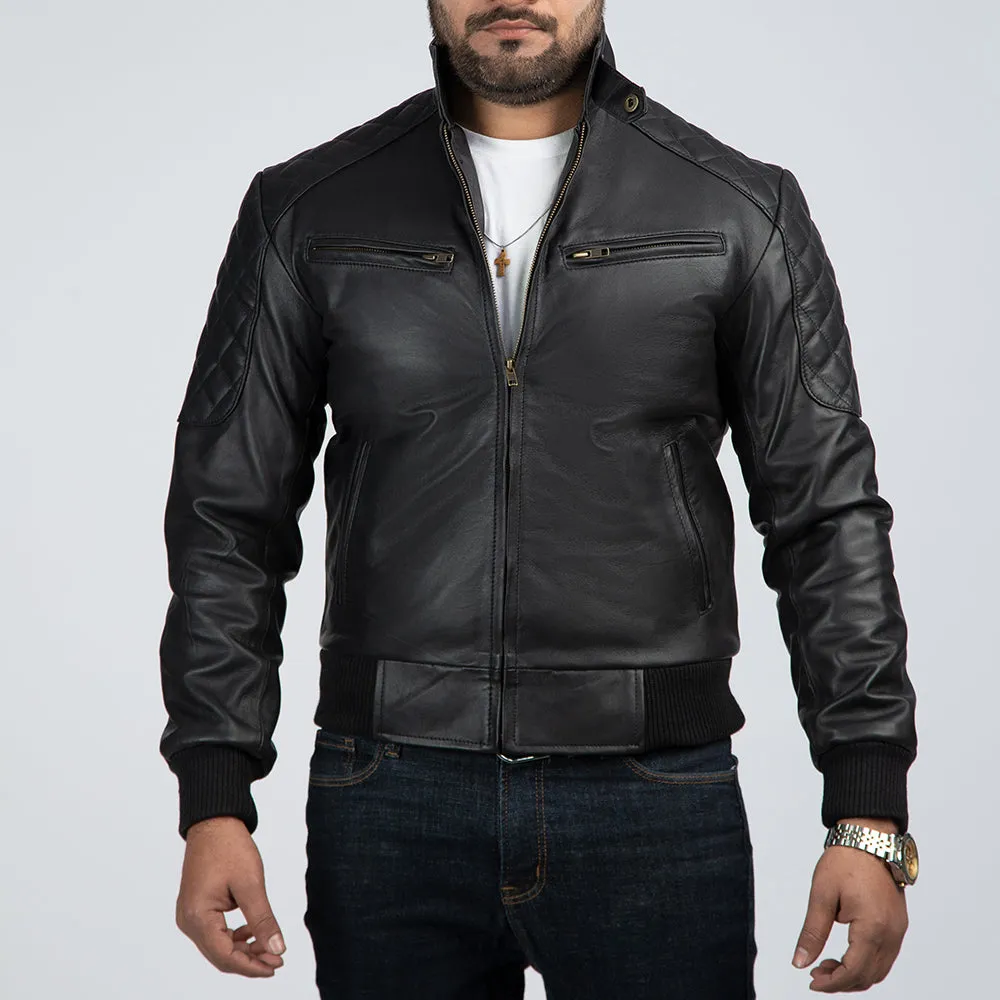 Casual Black Leather Bomber Jacket