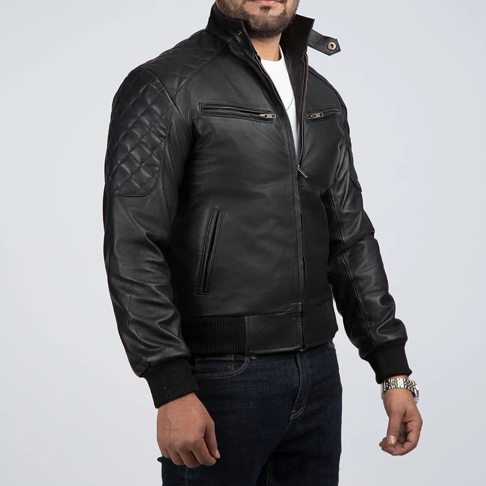 Casual Black Leather Bomber Jacket