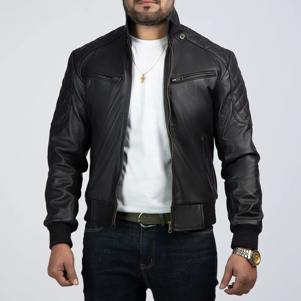 Casual Black Leather Bomber Jacket