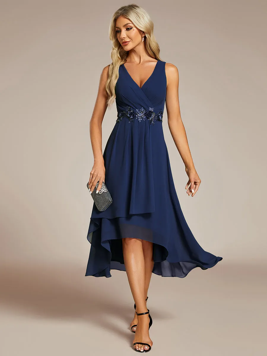 Chiffon Appliques V Neck Tea Length Sleeveless  Wedding Guest Dress